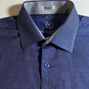 Bugatchi Uomo Men’s Blue Dress Shirt Shaped Fit Long Sleeve Button Up Cotton Lge